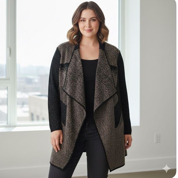 Ming Wang Black Open Front Cardigan Plus Size 3X Confetti Colorful Waterfall - Picture 1 of 9